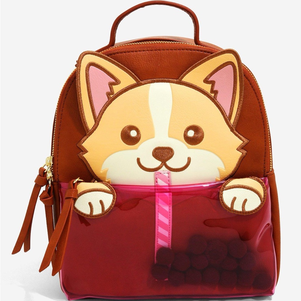 Kids Brown Corgi Face Backpack with Pink Pocket